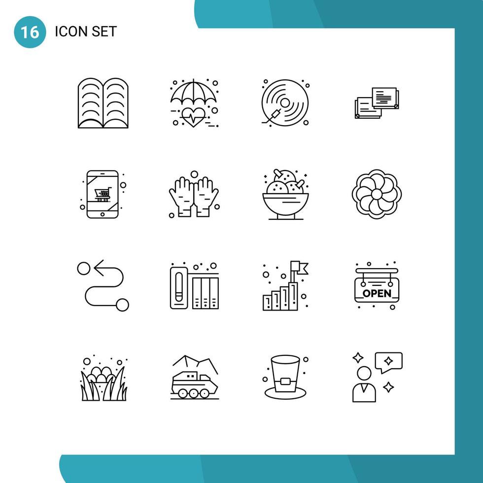 Stock vecteur icône pack de 16 ligne panneaux et symboles pour Chariot message disque bulle jouer modifiable vecteur conception éléments