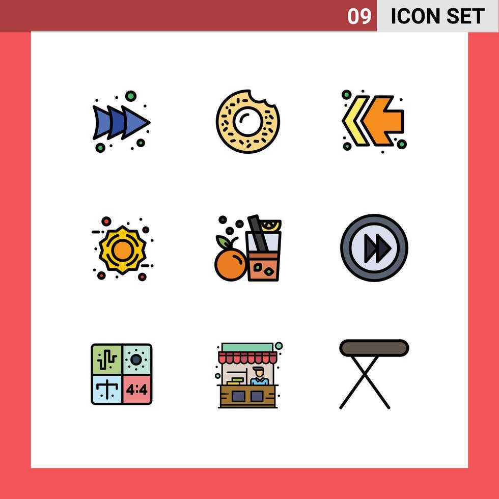 mobile interface ligne remplie plat Couleur ensemble de 9 pictogrammes de médias Orange la gauche jus boisson modifiable vecteur conception éléments