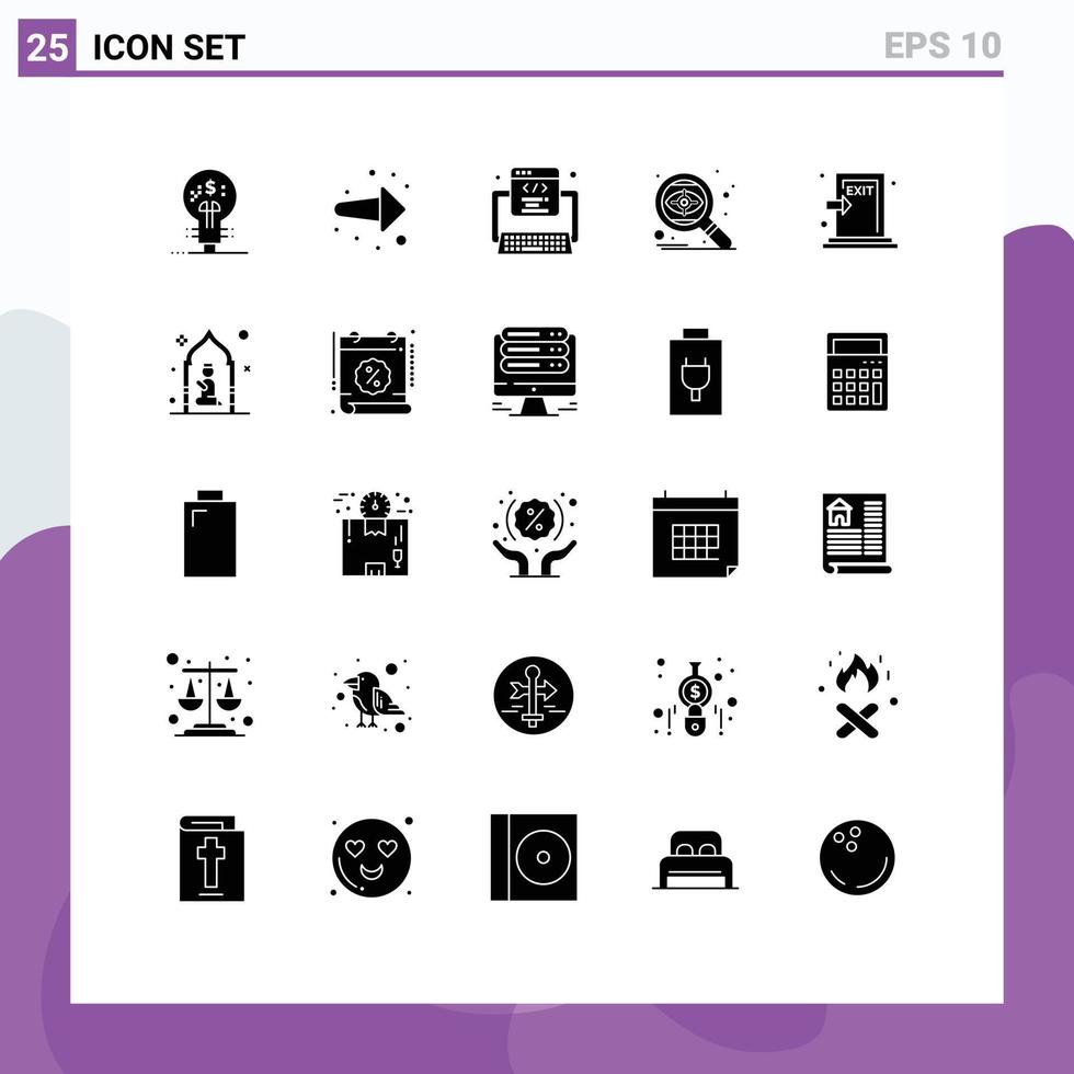 groupe de 25 solide glyphes panneaux et symboles pour échapper œil code ciblage chercher modifiable vecteur conception éléments