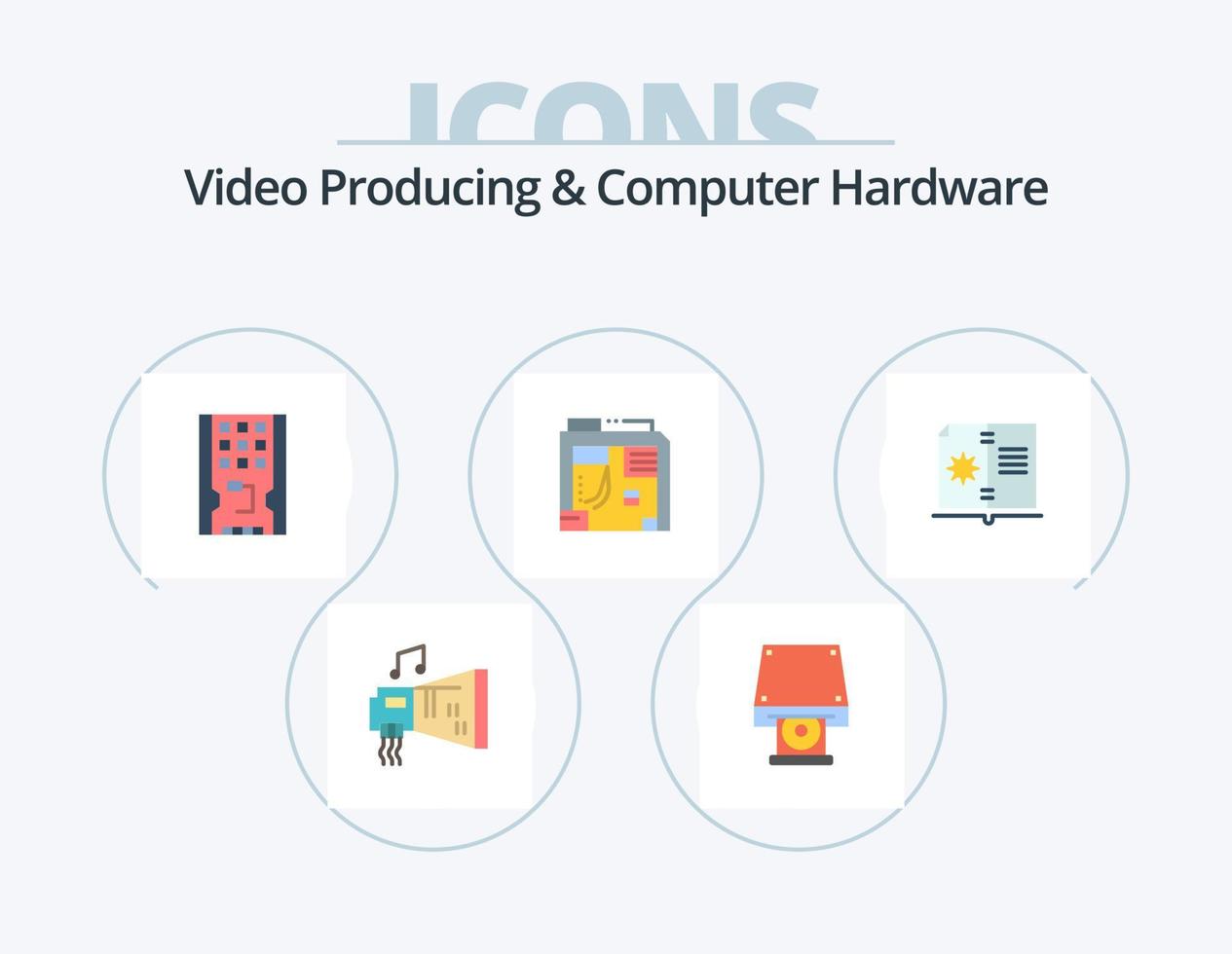 vidéo produisant et ordinateur Matériel plat icône pack 5 icône conception. ordinateur. boîte. disque ROM. atx. solide vecteur