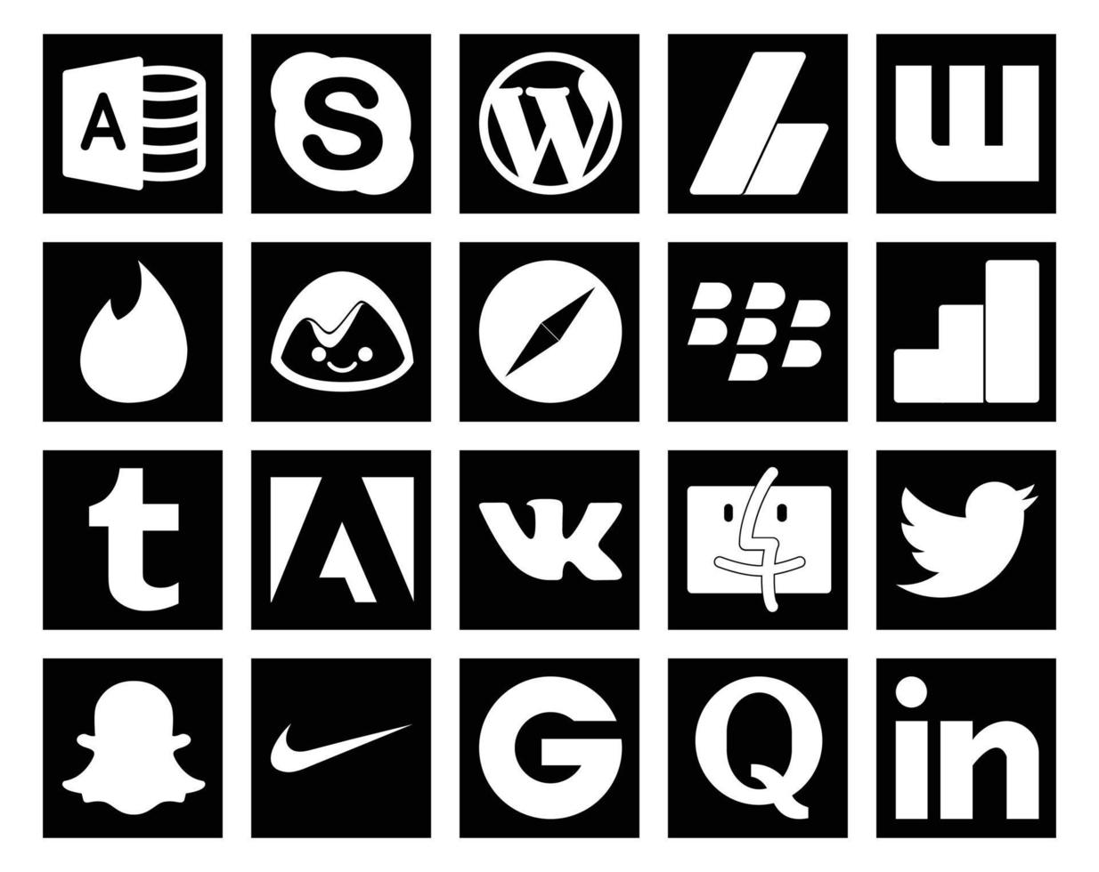 20 social médias icône pack comprenant chercheur adobe tinder tumblr la mûre vecteur