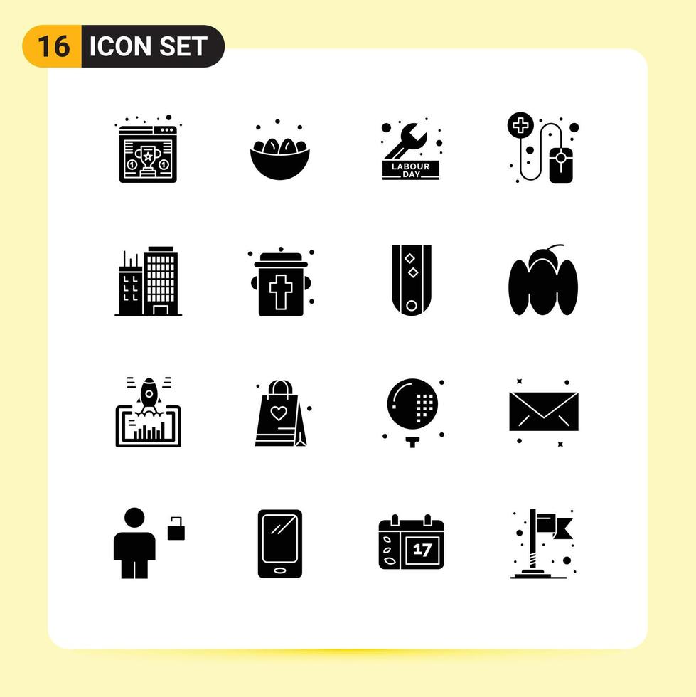 mobile interface solide glyphe ensemble de 16 pictogrammes de bâtiment pharmaceutique nid en ligne réparation modifiable vecteur conception éléments