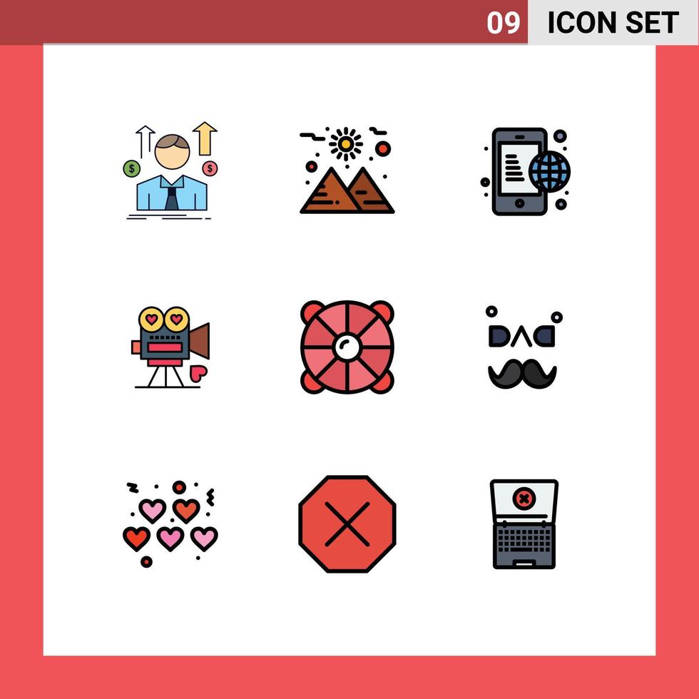 9 universel ligne remplie plat couleurs ensemble pour la toile et mobile applications plage l'amour affaires vidéo caméra caméra modifiable vecteur conception éléments