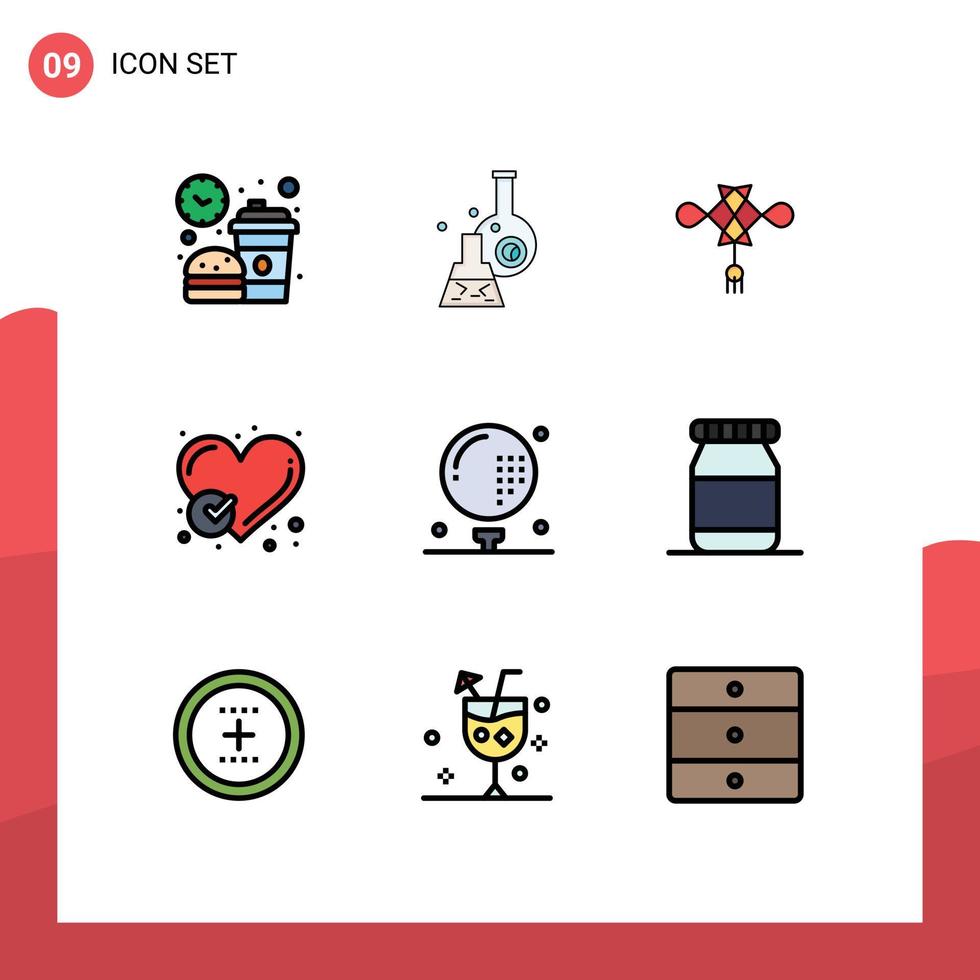 mobile interface ligne remplie plat Couleur ensemble de 9 pictogrammes de cœur vérifié tube rapport chinois modifiable vecteur conception éléments