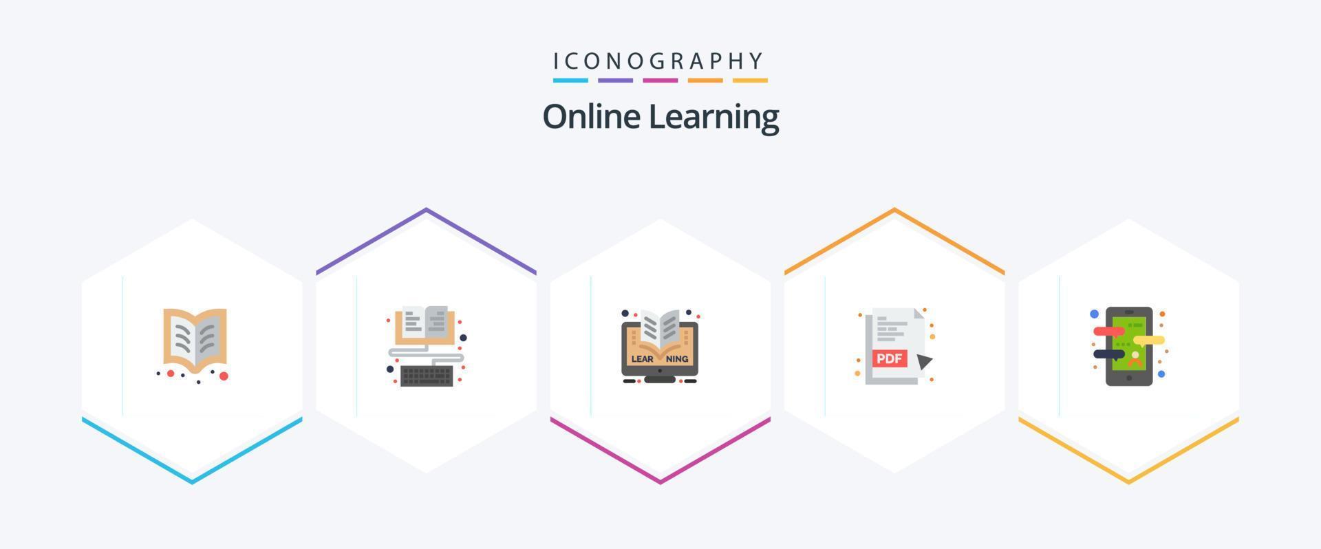 en ligne apprentissage 25 plat icône pack comprenant cours. application. en ligne. pdf déposer. pdf vecteur