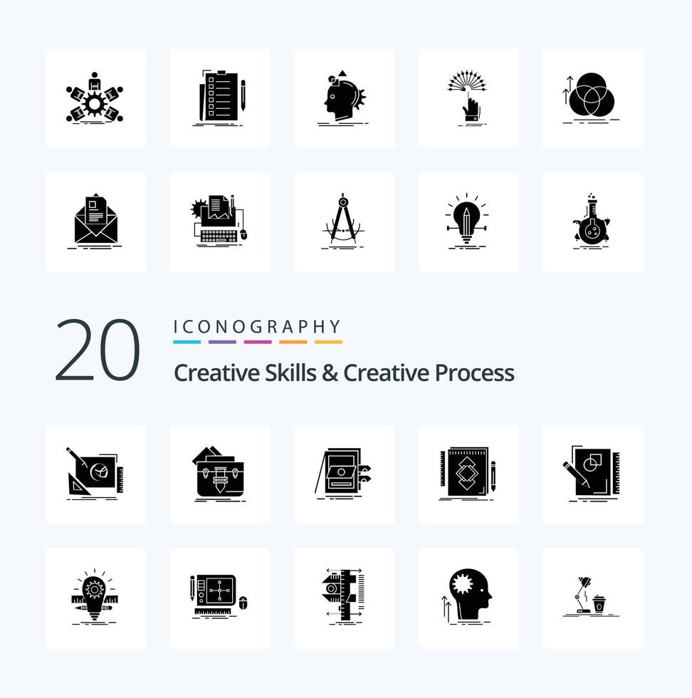20 Créatif compétences et Créatif processus solide glyphe icône pack comme identité conception dossier des dossiers vente vecteur
