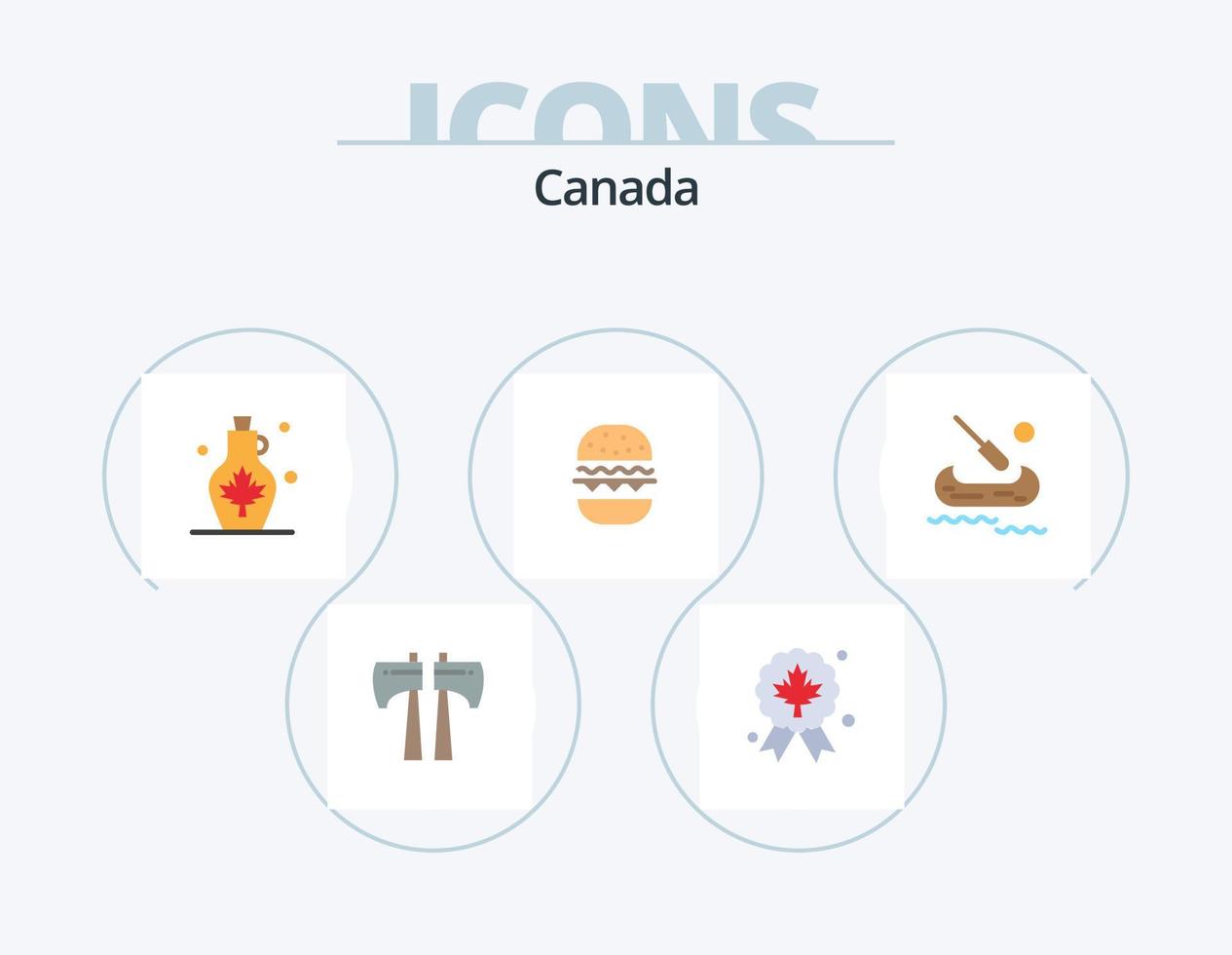 Canada plat icône pack 5 icône conception. kayak. Canada. bouilloire. manger. Burger vecteur