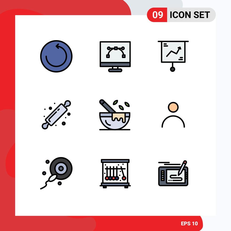 mobile interface ligne remplie plat Couleur ensemble de 9 pictogrammes de ébullition pain rouleau affaires cuisson présentation modifiable vecteur conception éléments