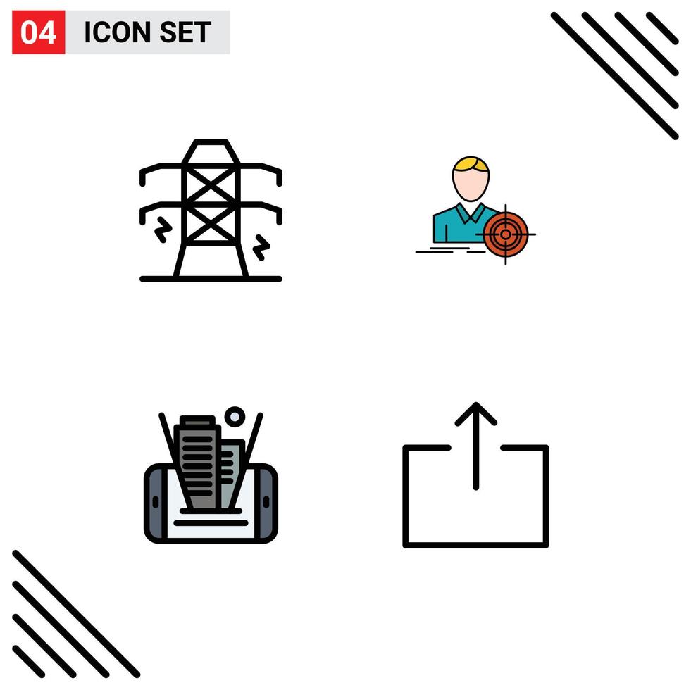 pictogramme ensemble de 4 Facile ligne remplie plat couleurs de électricité cellule la tour cible bâtiment modifiable vecteur conception éléments