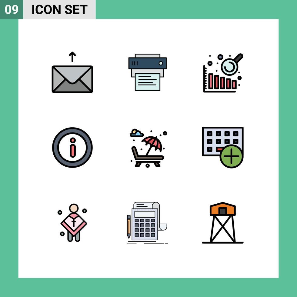 moderne ensemble de 9 ligne remplie plat couleurs pictogramme de ajouter romance Les données une analyse parc Soleil lit modifiable vecteur conception éléments