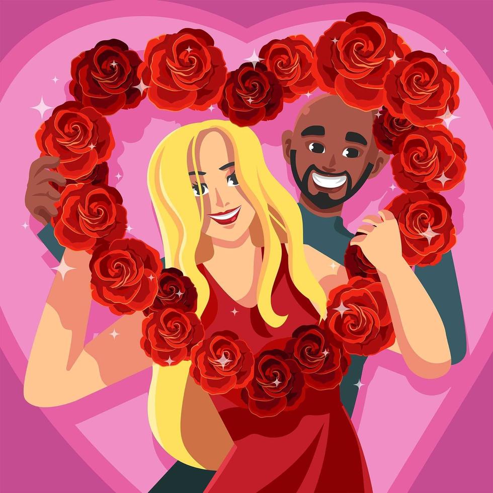 couple heureux avec cadre fleur en forme de coeur vecteur