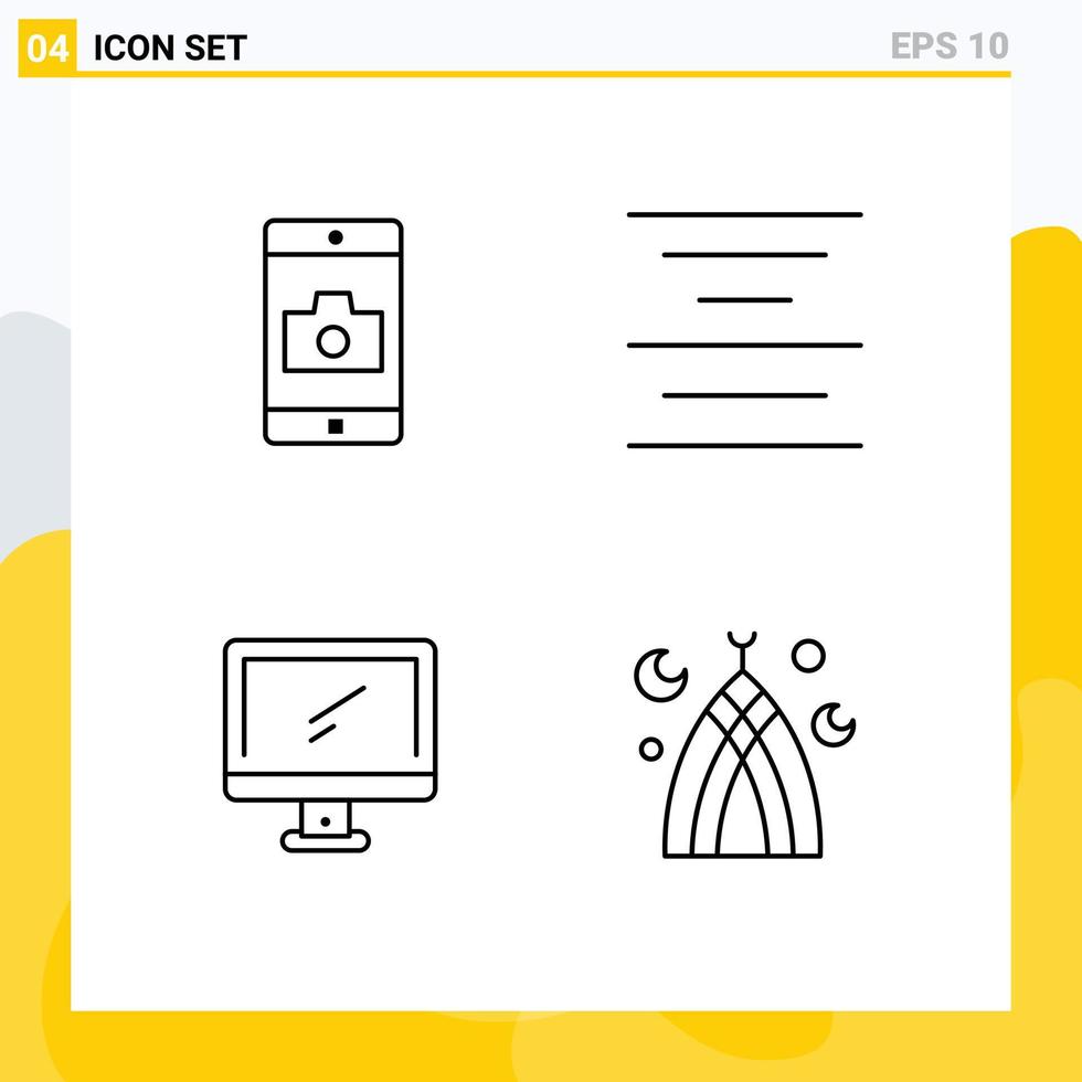 moderne ensemble de 4 ligne remplie plat couleurs pictogramme de application dispositif caméra texte PC modifiable vecteur conception éléments