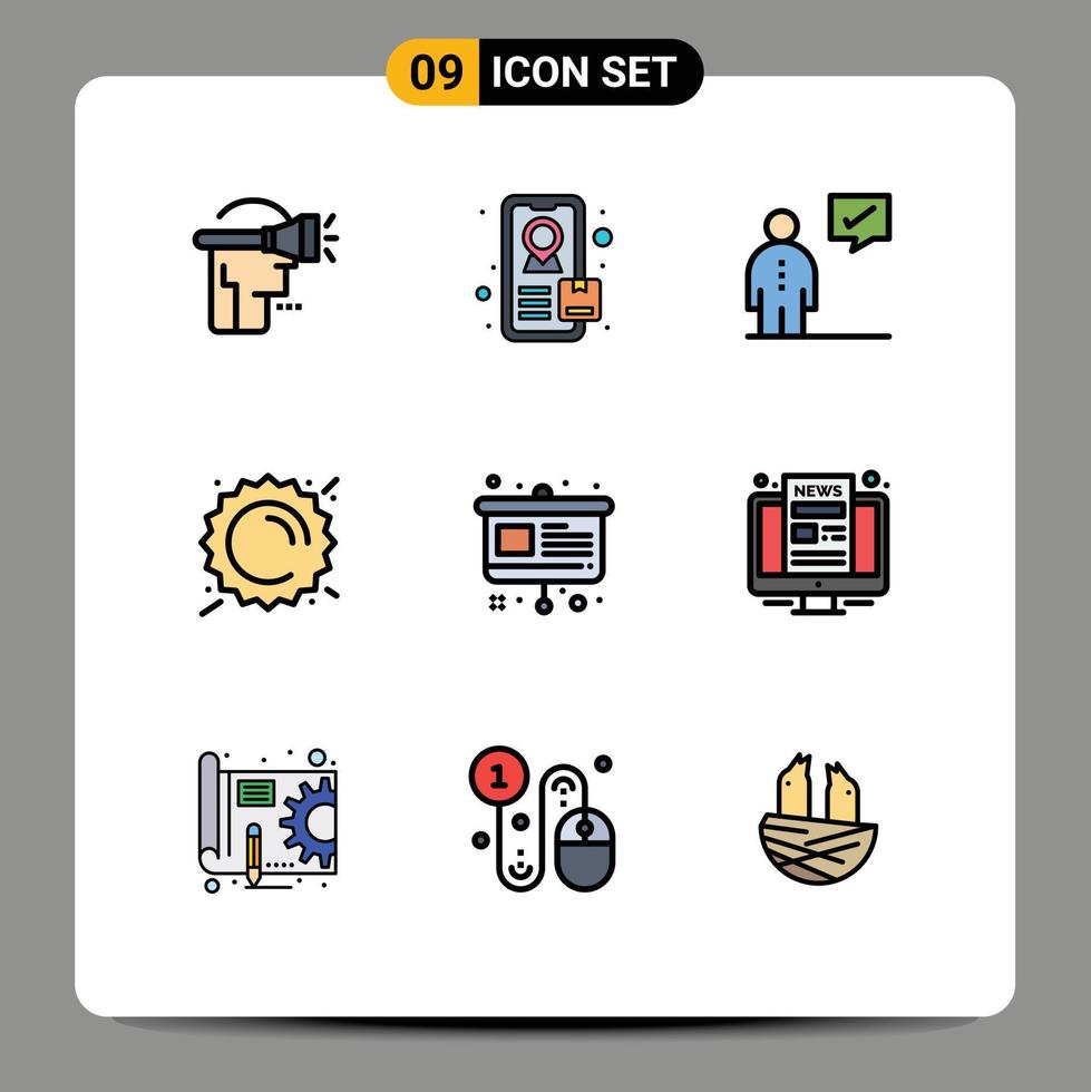 mobile interface ligne remplie plat Couleur ensemble de 9 pictogrammes de présentation graphique Humain art ensoleillé modifiable vecteur conception éléments