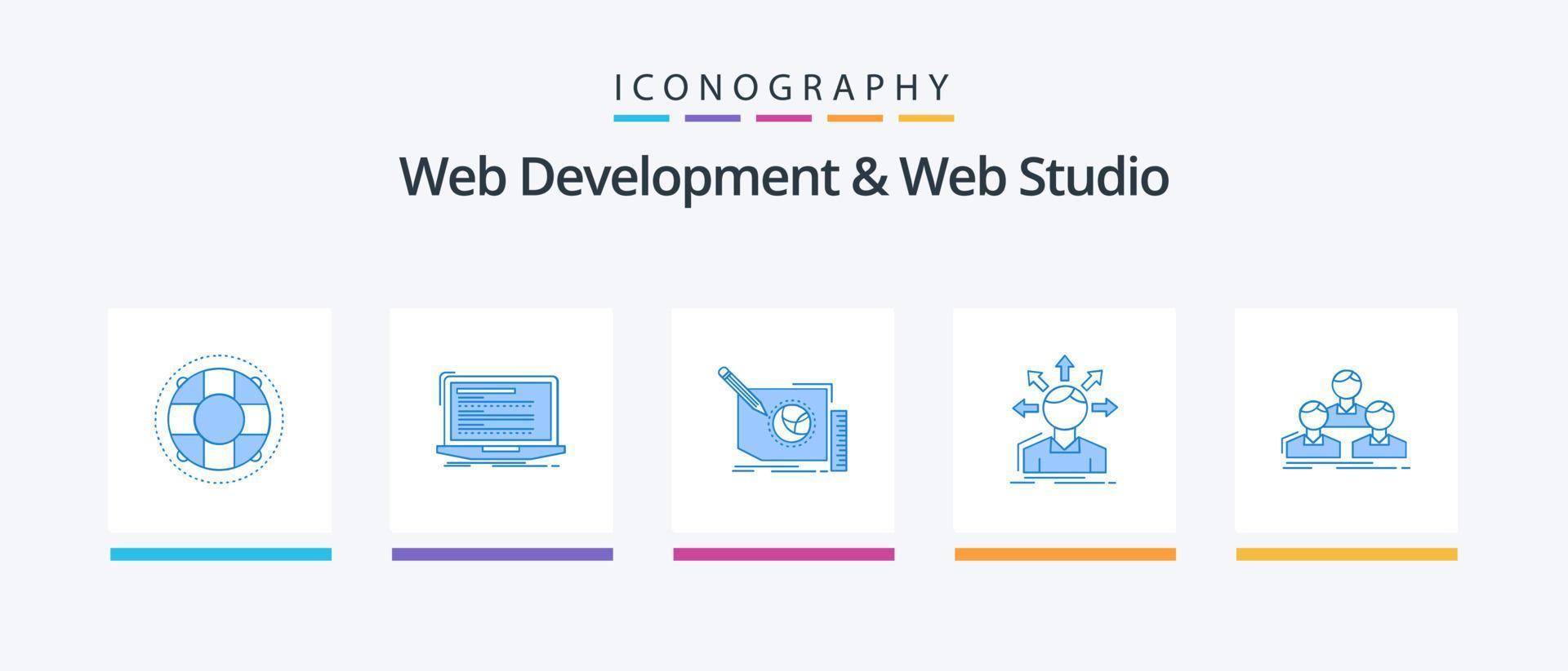 la toile développement et la toile studio bleu 5 icône pack comprenant options. conversion. monobloc. texte. Cadre. Créatif Icônes conception vecteur