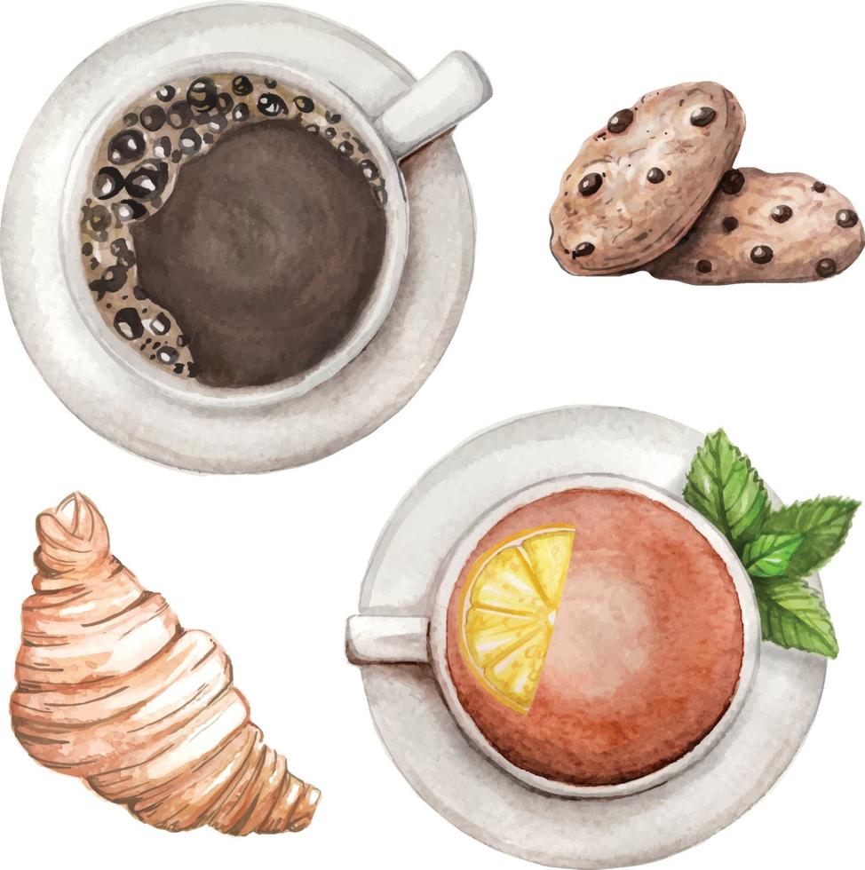 aquarelle sertie de thé et café, biscuits, croissant dessinés à la main vecteur