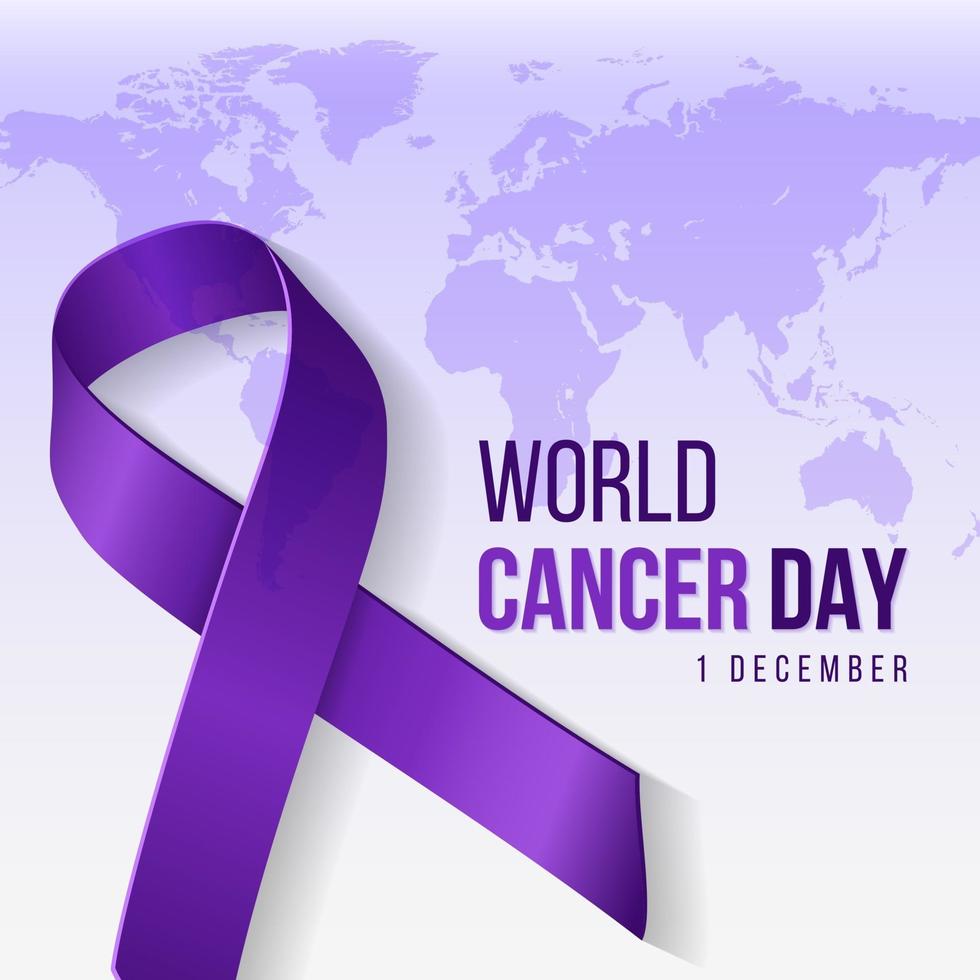 illustration de fond violet journée mondiale du cancer avec symbole de ruban et texte sur la carte du monde. illustration vectorielle pour le concept de la journée mondiale du cancer du sein. vecteur