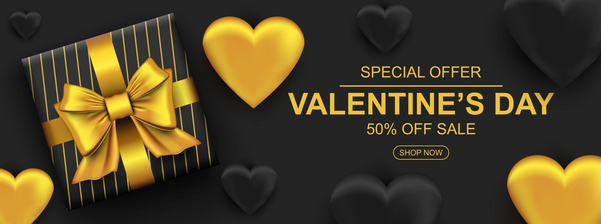 bannière web vente Saint Valentin. coffret cadeau réaliste avec noeud doré et coeur. vecteur