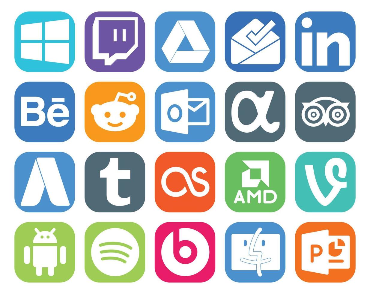 20 social médias icône pack comprenant spotify vigne app net amd tumblr vecteur