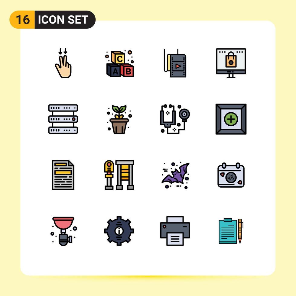 pictogramme ensemble de 16 Facile plat Couleur rempli lignes de hébergement achats film magasin ordinateur modifiable Créatif vecteur conception éléments
