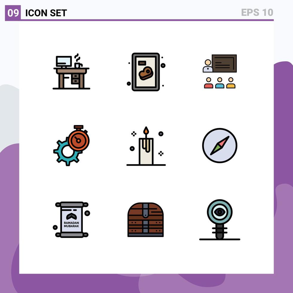 9 universel ligne remplie plat couleurs ensemble pour la toile et mobile applications bougie réglage affaires équipement minuteur modifiable vecteur conception éléments