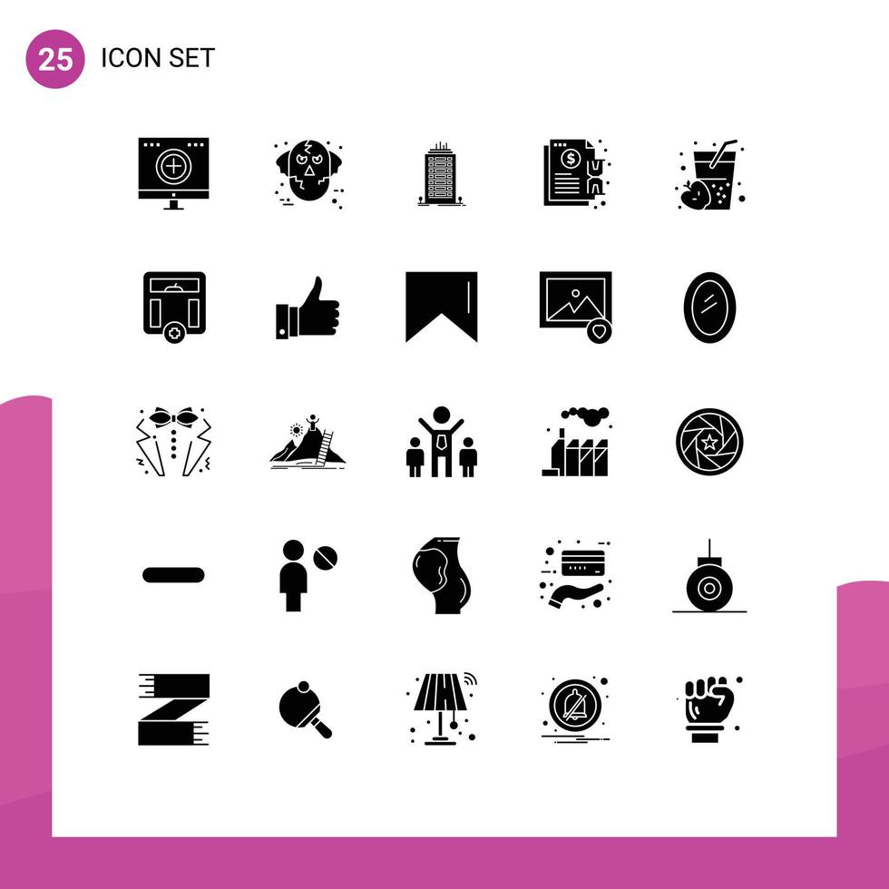 mobile interface solide glyphe ensemble de 25 pictogrammes de notification tenir vaisselle Loup Contrat skyscaper modifiable vecteur conception éléments
