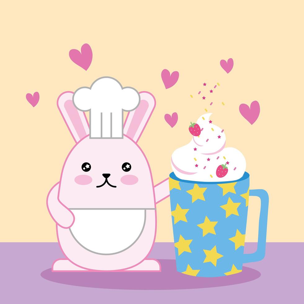 kawaii mignon petit lapin avec smoothie aux fraises vecteur