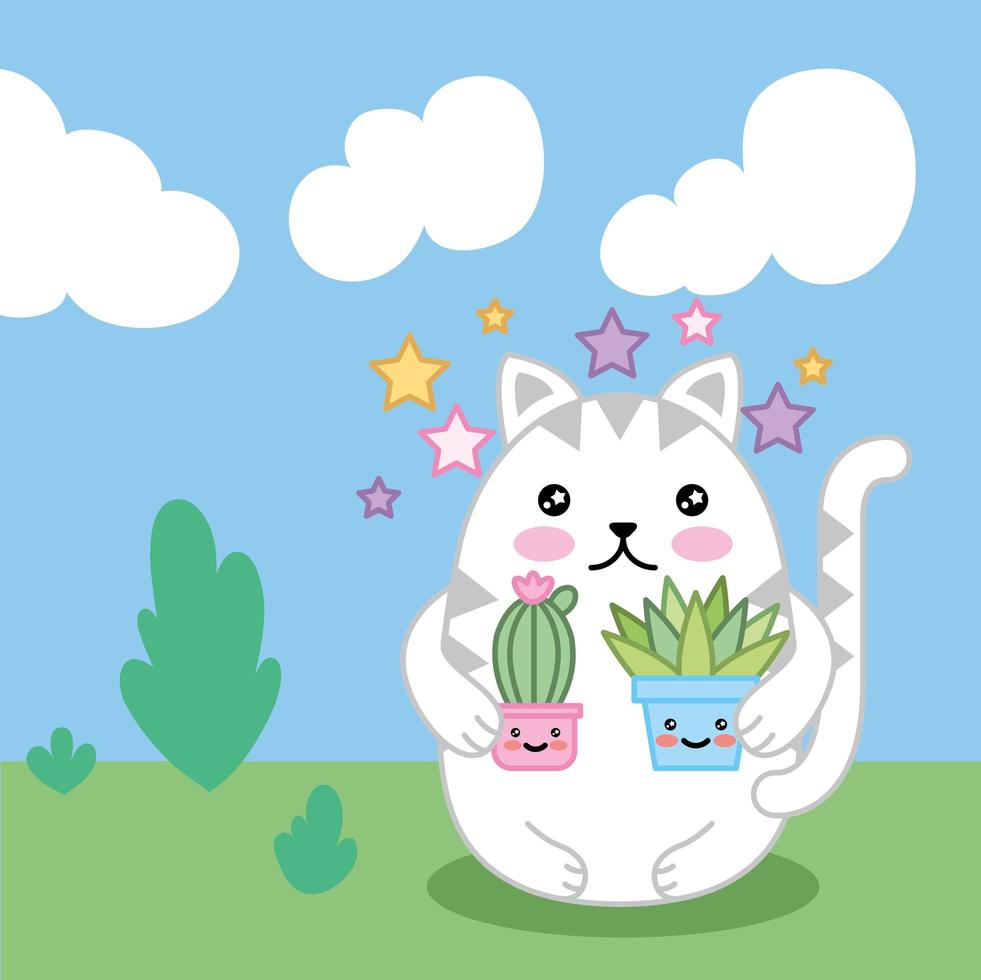 kawaii mignon petit chat avec des plantes vecteur