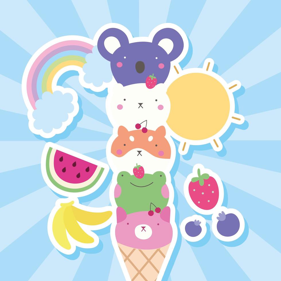 mignons petits animaux dans des cornets de crème glacée, personnages kawaii vecteur