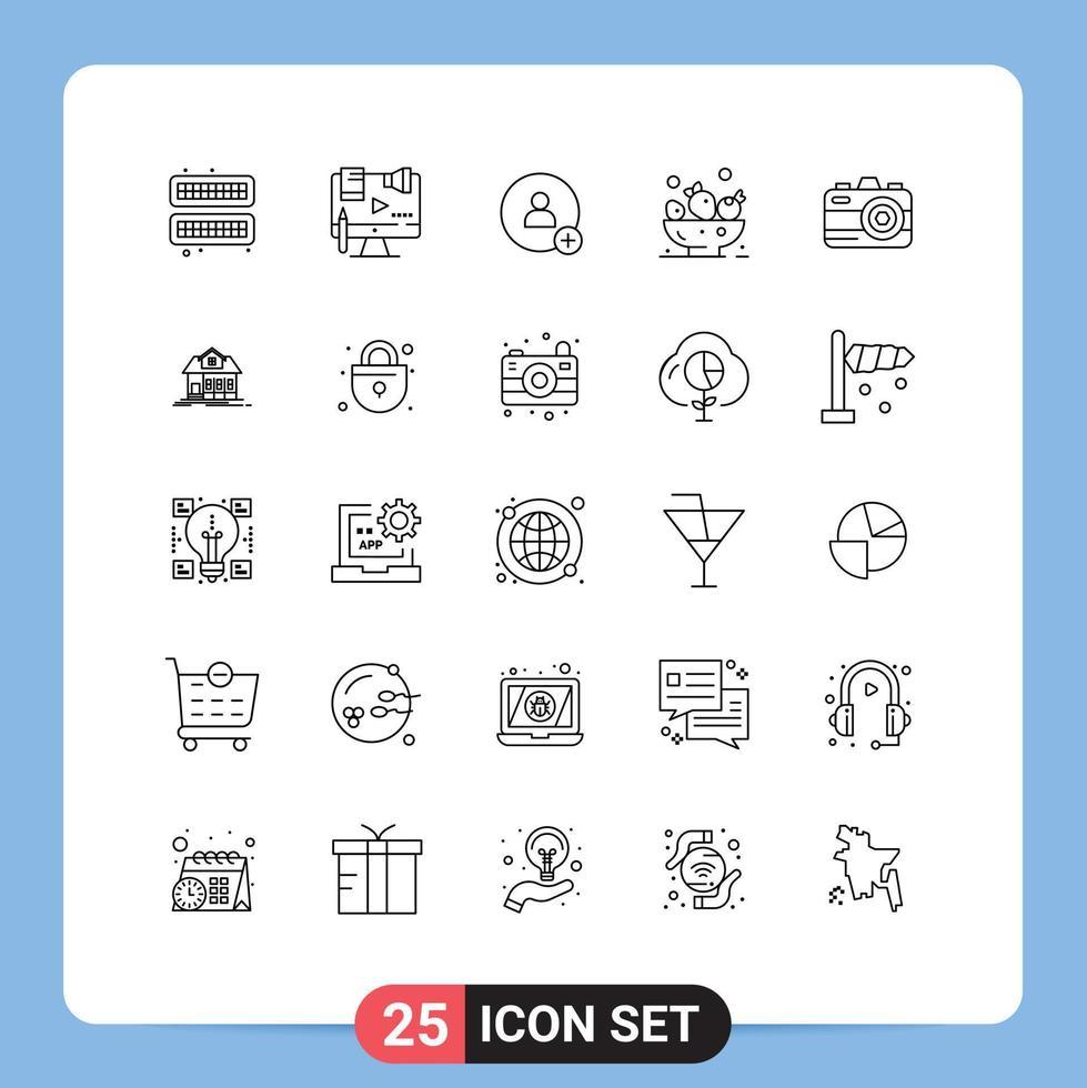 pictogramme ensemble de 25 Facile lignes de été caméra loi boisson baies modifiable vecteur conception éléments
