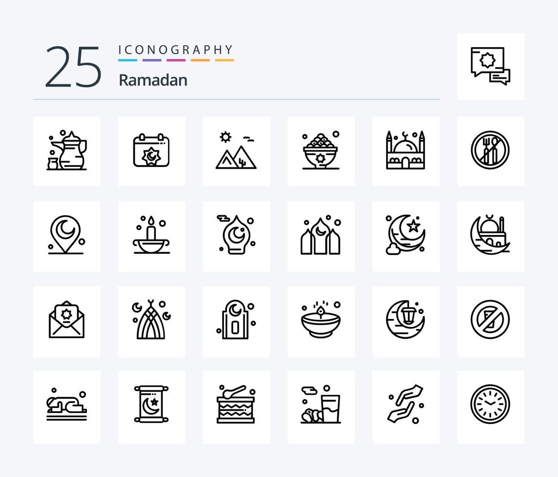 Ramadan 25 ligne icône pack comprenant . Egypte . le banquet . désert . Saoudite vecteur