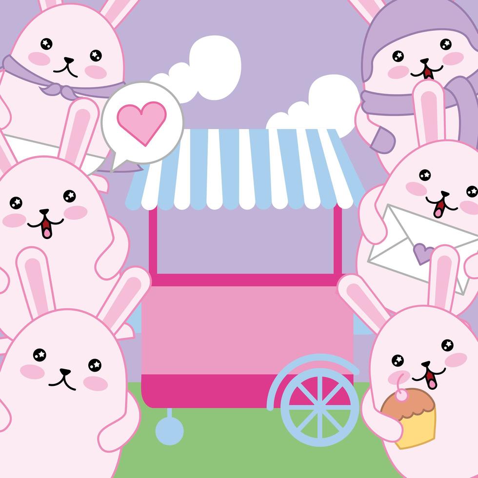mignons petits lapins avec chariot, personnages kawaii vecteur