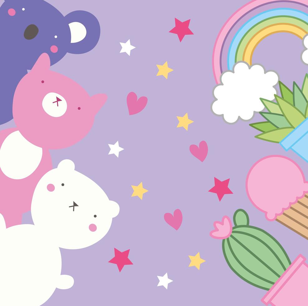 mignons petits animaux et plantes, personnages kawaii vecteur