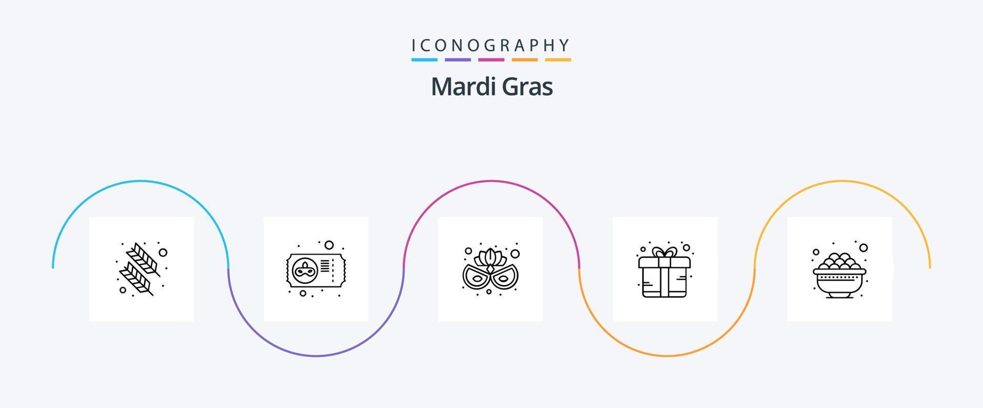 mardi gras ligne 5 icône pack comprenant aliments. bol. carnaval masque. cadeau. prime vecteur