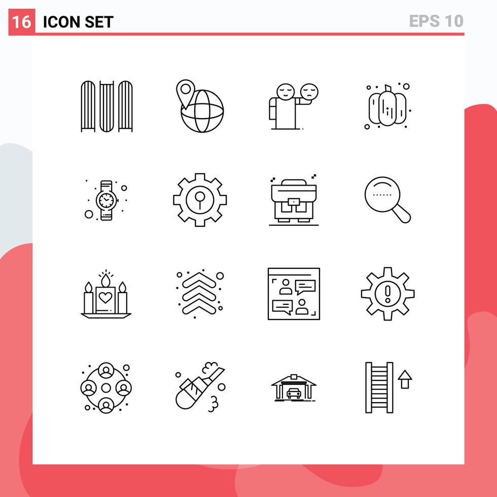 mobile interface contour ensemble de 16 pictogrammes de fermer à clé regarder emoji temps légume modifiable vecteur conception éléments