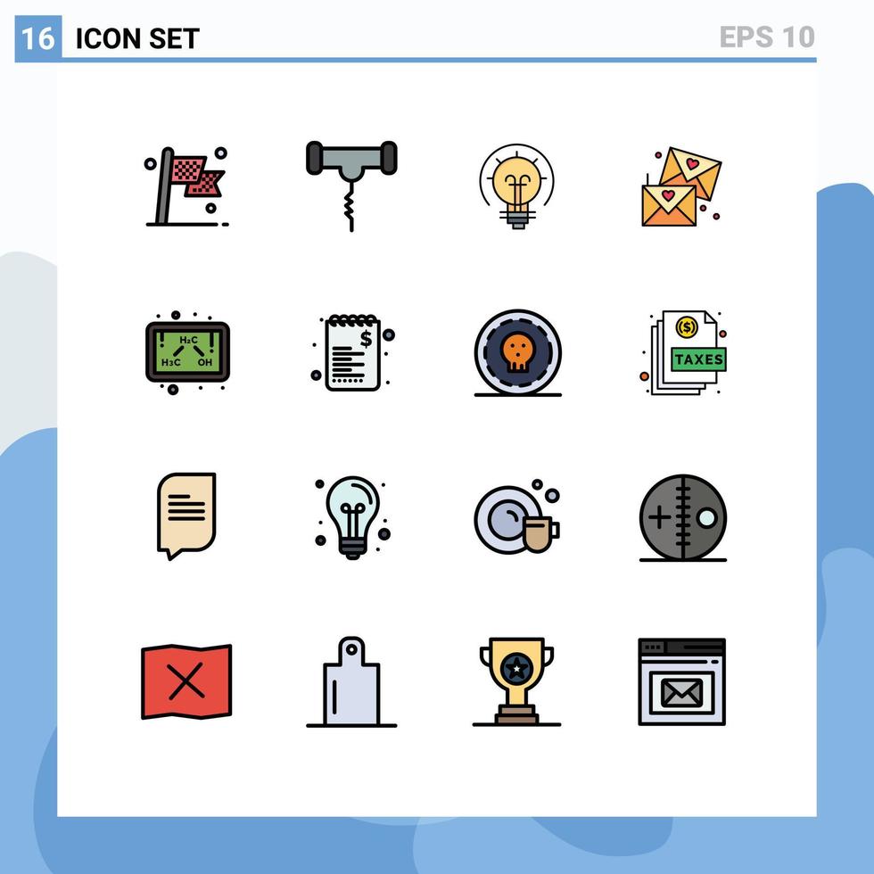mobile interface plat Couleur rempli ligne ensemble de 16 pictogrammes de chimie des lunettes cigogne l'amour Solution modifiable Créatif vecteur conception éléments