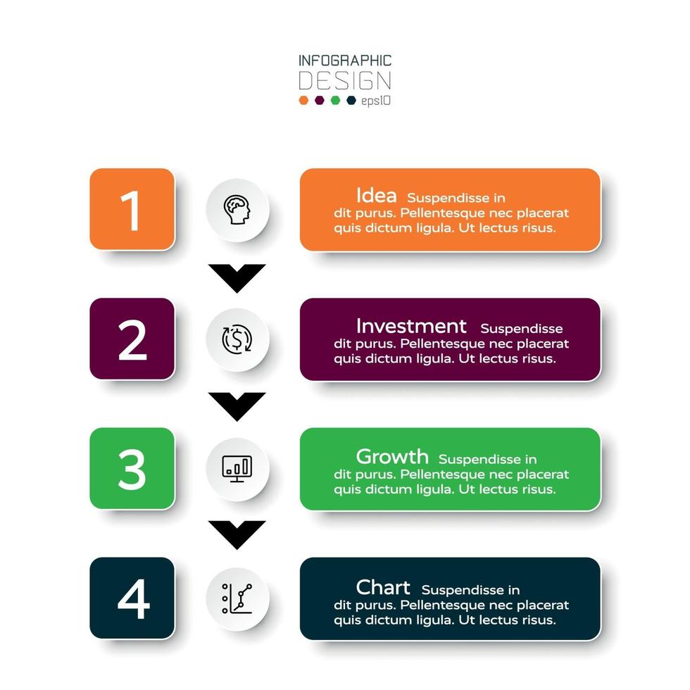 processus d'exploitation tel que l'investissement commercial, le marketing, la recherche, 4 étapes par vecteur d'étiquette. conception infographique,