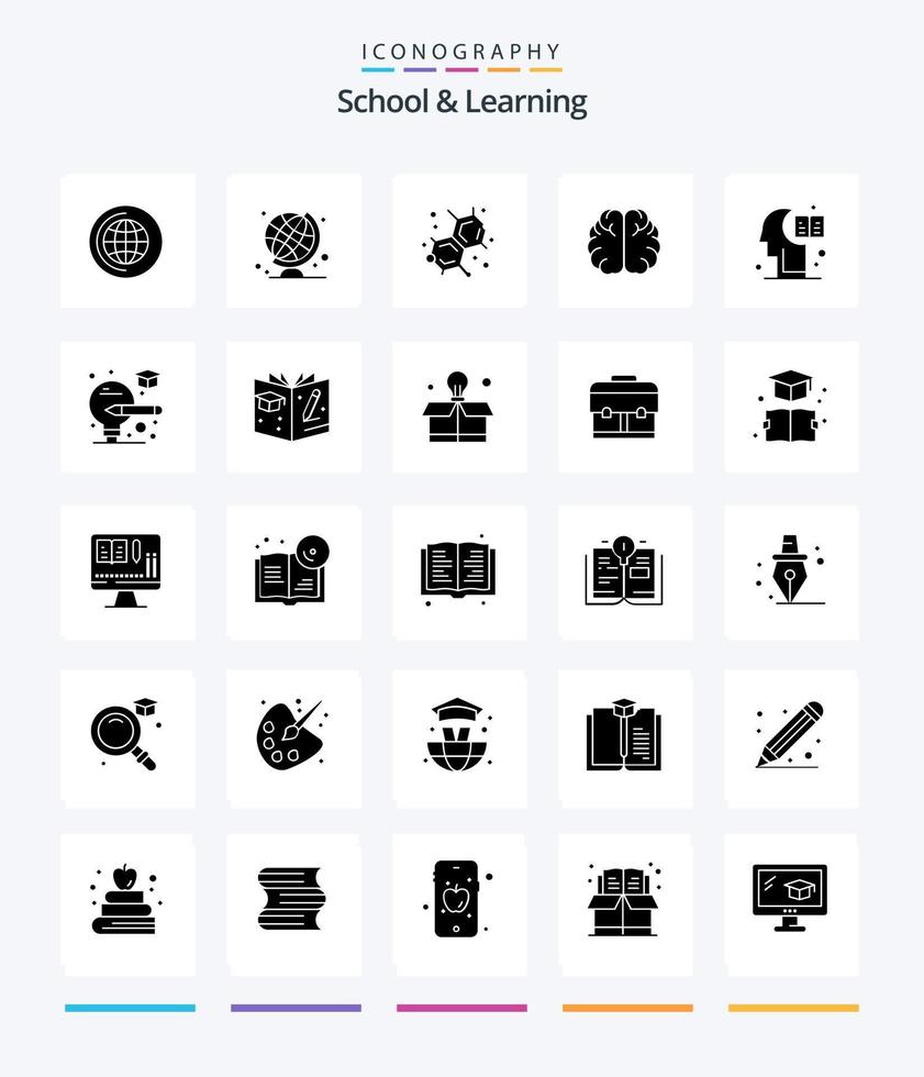 Créatif école et apprentissage 25 glyphe solide noir icône pack tel comme diplômé. diplômé. laboratoire. lumière. connaissance vecteur