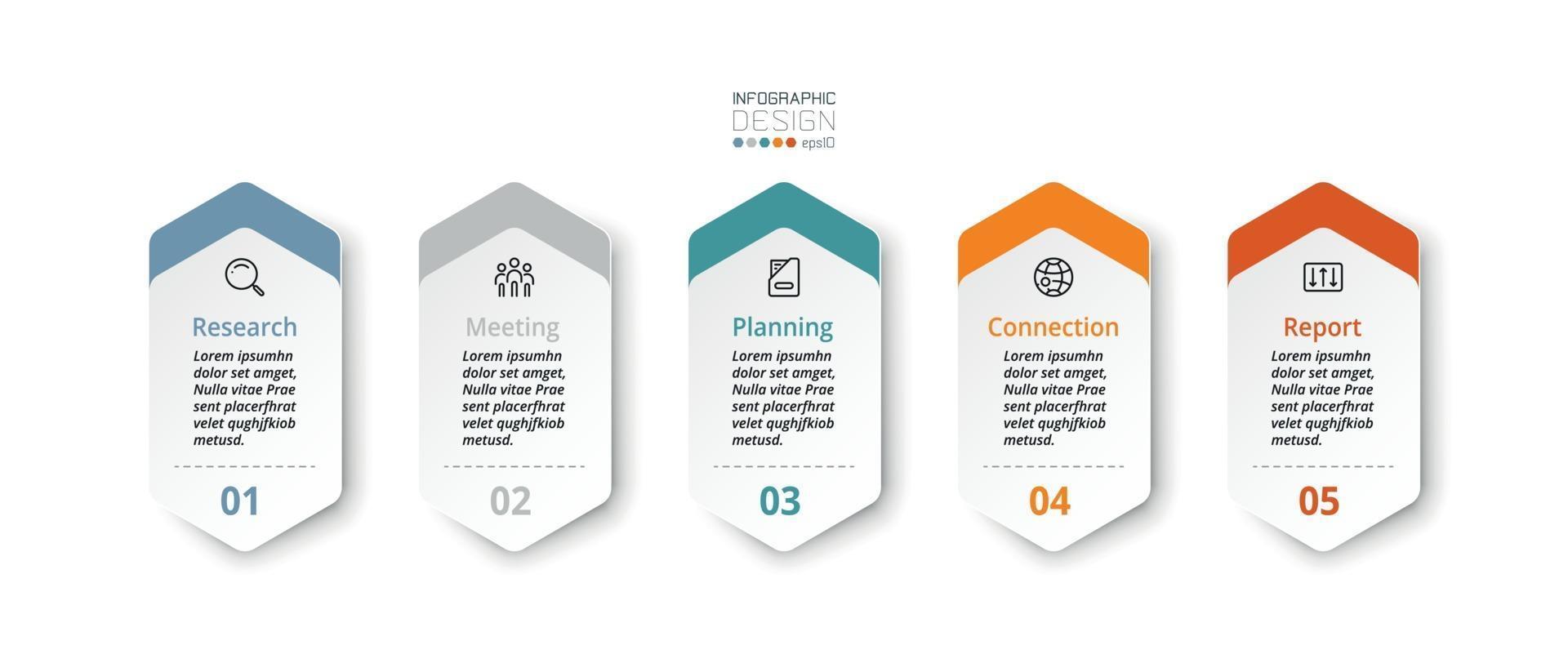 infographie hexagonale avec 5 étapes utilisées pour la planification des résultats et la présentation du travail. illustration vectorielle. vecteur