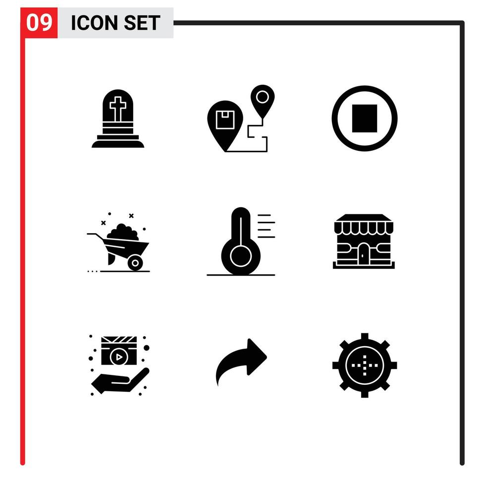 9 utilisateur interface solide glyphe pack de moderne panneaux et symboles de thermomètre printemps livraison roue brouette modifiable vecteur conception éléments