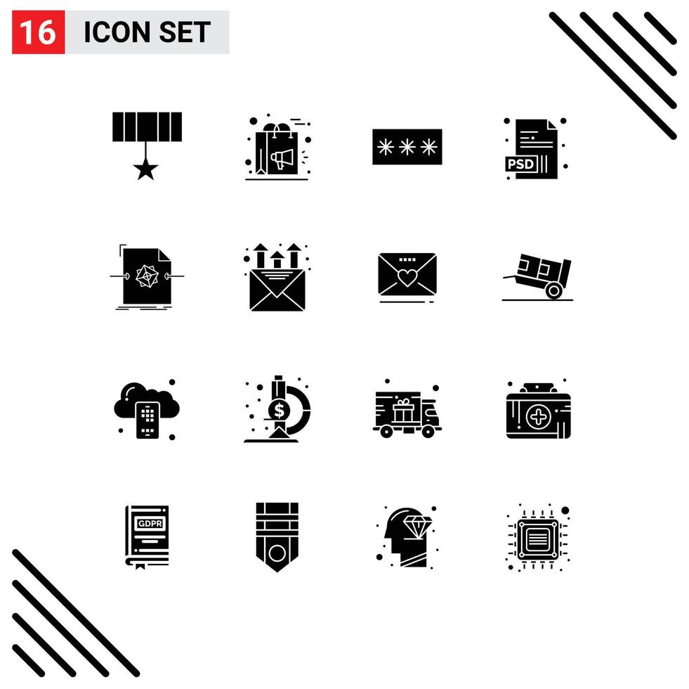 mobile interface solide glyphe ensemble de 16 pictogrammes de document extension campagne document mot de passe modifiable vecteur conception éléments