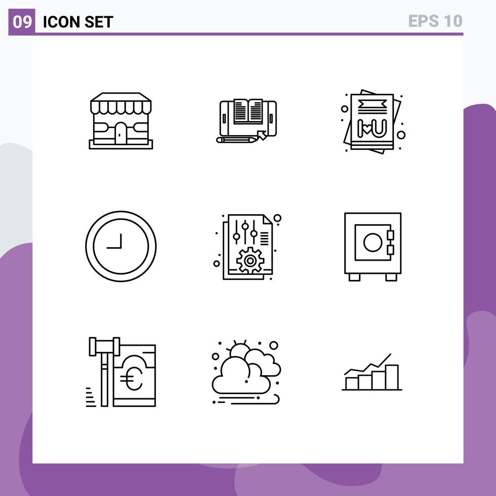 9 contour concept pour sites Internet mobile et applications les options fichier transfert document l'horloge modifiable vecteur conception éléments