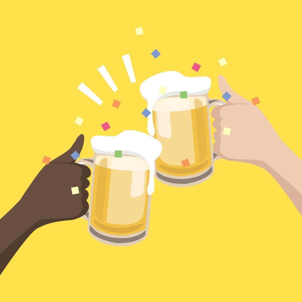 mains noires et blanches tenant des verres à bière pour célébrer ensemble. vecteur