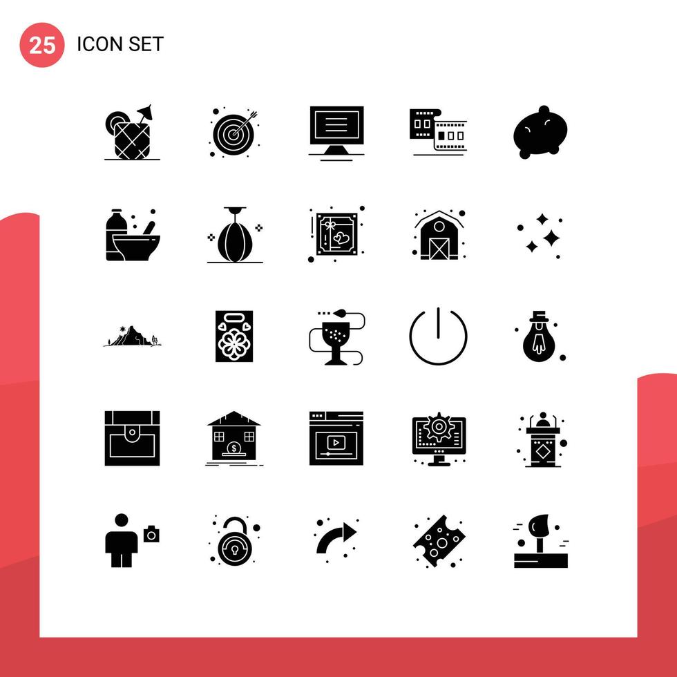 mobile interface solide glyphe ensemble de 25 pictogrammes de la musculation Patate ordinateur nourriture film modifiable vecteur conception éléments