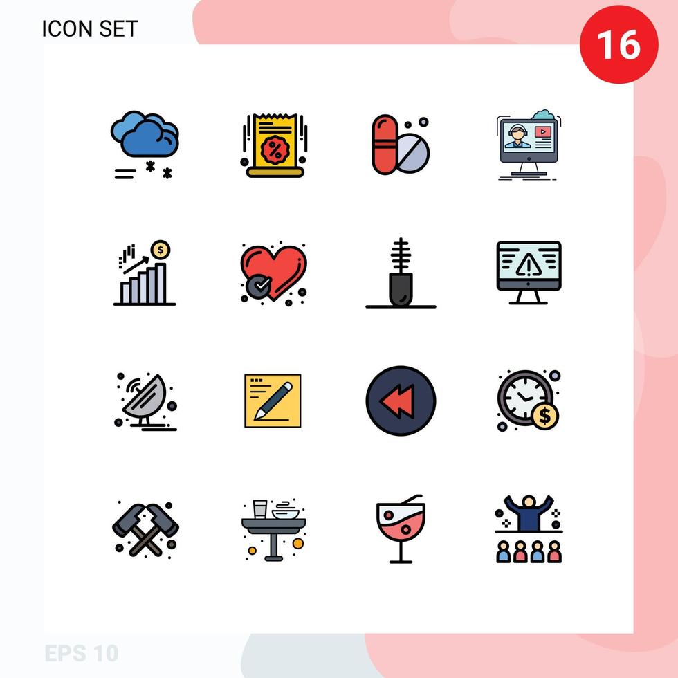mobile interface plat Couleur rempli ligne ensemble de 16 pictogrammes de affaires en ligne pourcentage médias tutoriels modifiable Créatif vecteur conception éléments