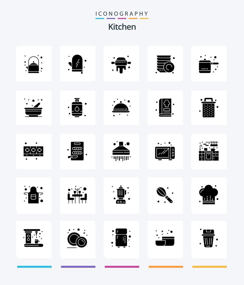Créatif cuisine 25 glyphe solide noir icône pack tel comme mortier. cuisson. broche. riz cuisinier. assiettes vecteur