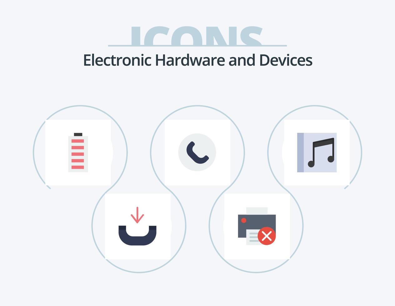dispositifs plat icône pack 5 icône conception. médias. téléphone. batterie. combiné. plein vecteur