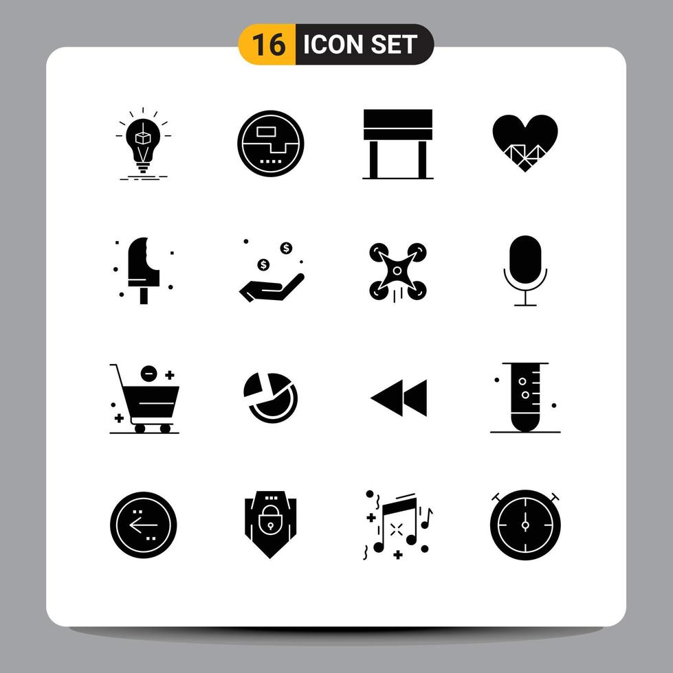 16 utilisateur interface solide glyphe pack de moderne panneaux et symboles de dessert comme mesure l'amour table modifiable vecteur conception éléments