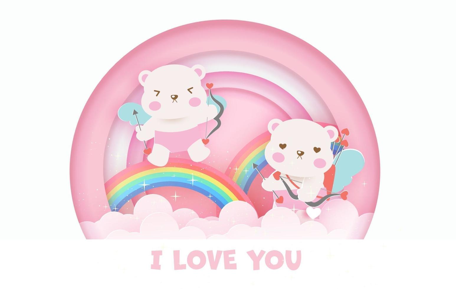 carte de voeux de la Saint-Valentin avec des ours et des arcs-en-ciel de cupidon mignons. vecteur