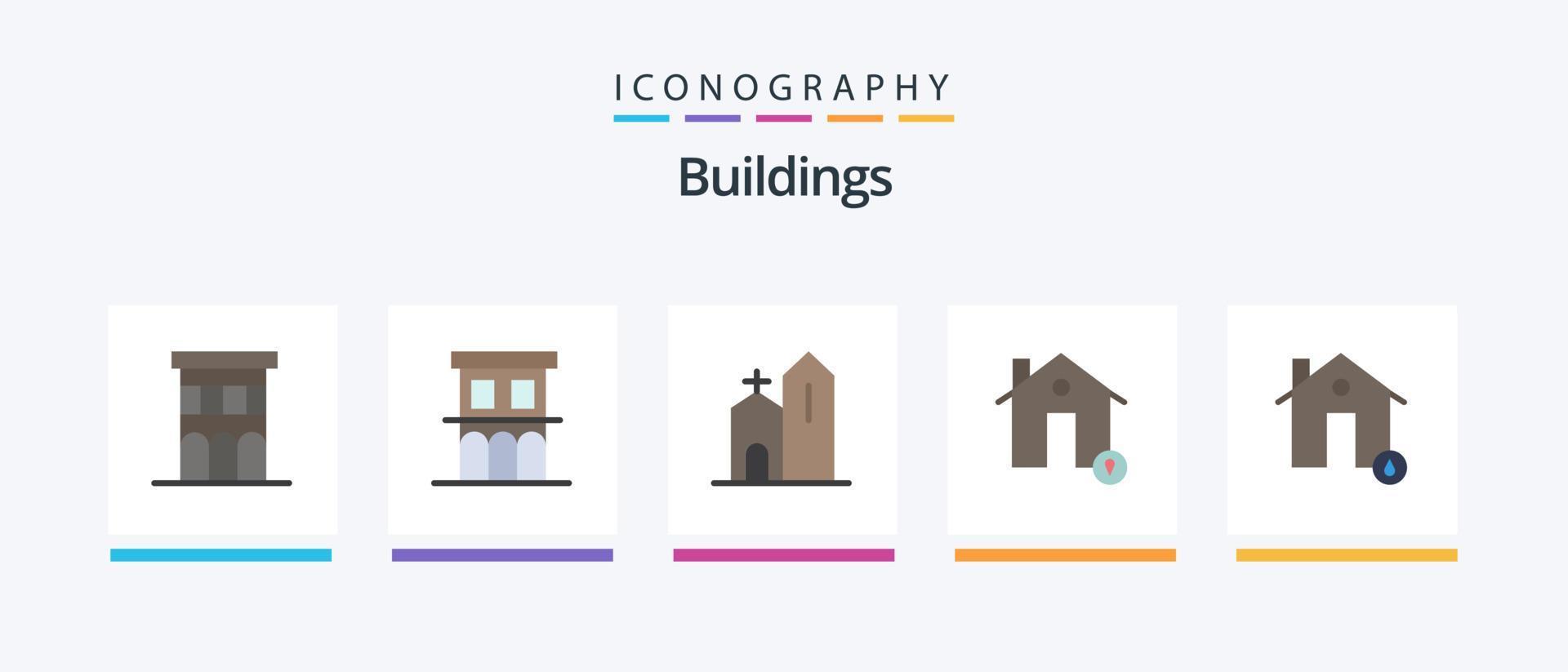 bâtiments plat 5 icône pack comprenant Feu. bâtiments. historique. carte. maison. Créatif Icônes conception vecteur