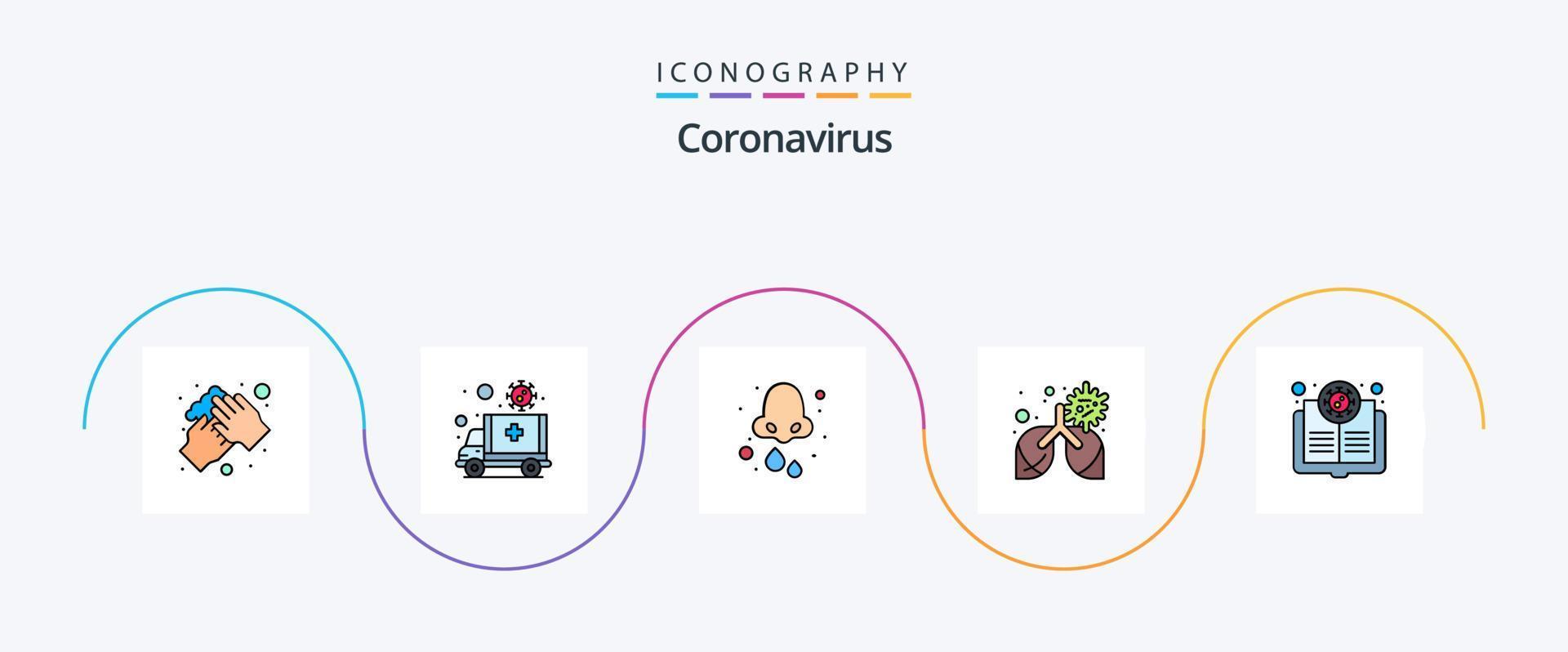 coronavirus ligne rempli plat 5 icône pack comprenant poumon. bronchite. transport. nez. gouttes vecteur